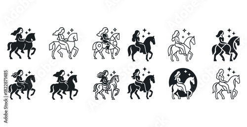 Stylized silhouettes of women riding horses with sparkling elements