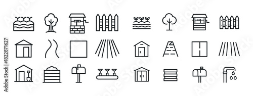 Minimalist line art icons of agriculture and gardening elements