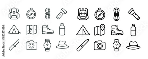 Camping and hiking icons: backpack, compass, rope, flashlight, tent, map