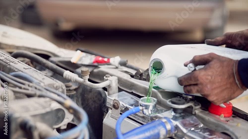 A mechanic with dirty hands pouring green coolant into a car radiator during maintenance. Focus on engine service.