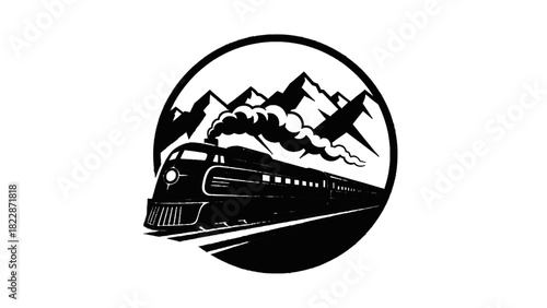Vector illustration of black and white vector logo icon of a vintage steam locomotive train traveling through mountains isolated on transparent background