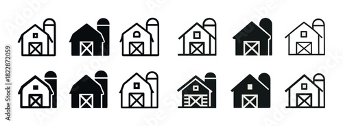 Set of black and white barn icons in various styles and designs