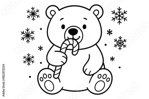 Polar Bear's Candy Treat. Winter treat polar bear children?s coloring book illustration, outlined drawing,