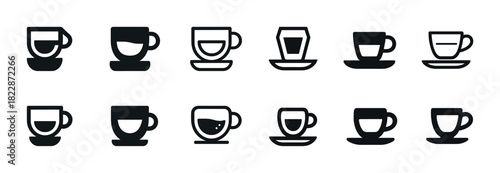 Set of minimalist coffee cup icons in various styles and designs