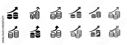 Different styles of financial growth icons with stacked coins and arrows