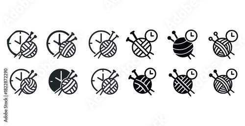 Knitting and time icons: black and white yarn with clock elements