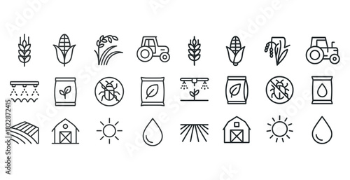 Agriculture icons set: crops, farm equipment, irrigation systems, silos, and sun symbols