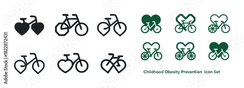 Childhood obesity prevention icon set with bicycle heart designs