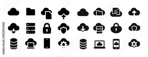 Cloud computing icons: storage, security, and synchronization symbols