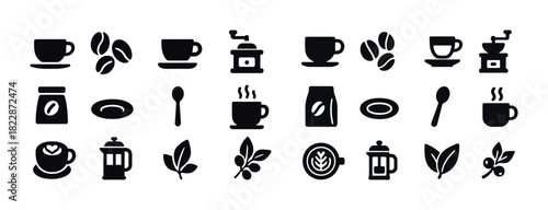 Set of coffee icons featuring cups beans grinder and french press