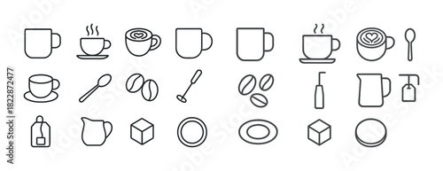 Coffee-themed icon set featuring mugs, cups, spoons, beans, pitcher, and tray