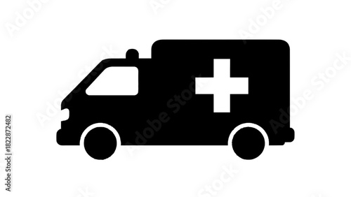 Vector illustration of simple black and white silhouette icon of an ambulance emergency medical service vehicle isolated on transparent background