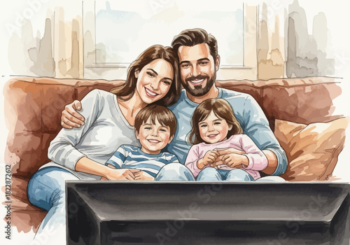 Watercolor family of four sits on a brown couch watching TV smiling