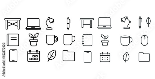 Minimalist office supplies icons: desk, laptop, lamp, pen, book, plant, mug, folder