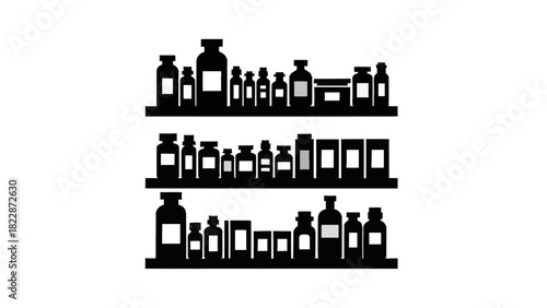 Vector illustration of silhouette of various pharmaceutical or cosmetic bottles and containers arranged neatly on three shelves isolated on transparent background