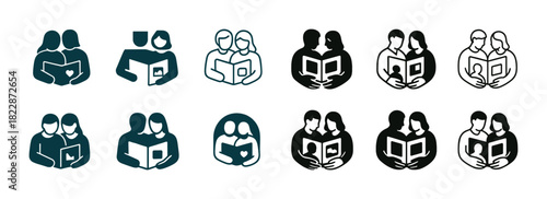 Diverse couples reading together icons collection
