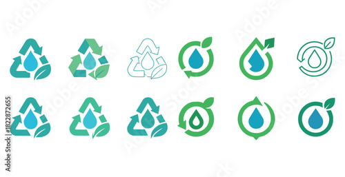 Eco-friendly water conservation icons with recycling and leaf elements