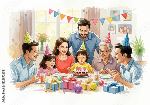 Watercolor family celebrating a birthday with gifts and cake at a table