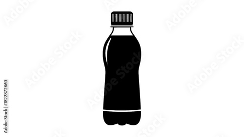 Vector illustration of black and white silhouette icon of a plastic soda bottle with cap, isolated on transparent background