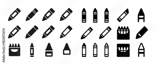 Set of crayon icons in various styles and orientations