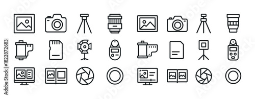 Camera equipment icons set: lens, tripod, shutter, memory card, viewer