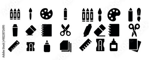 Silhouette icons of art and craft supplies: paint, pencils, brushes, glue, scissors