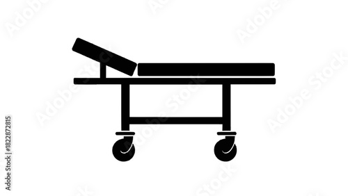 Vector illustration of simple black silhouette icon of a medical examination or hospital gurney bed with adjustable backrest isolated on transparent background