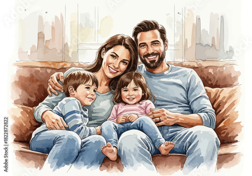 Watercolor family portrait on couch dad mom son daughter smiling