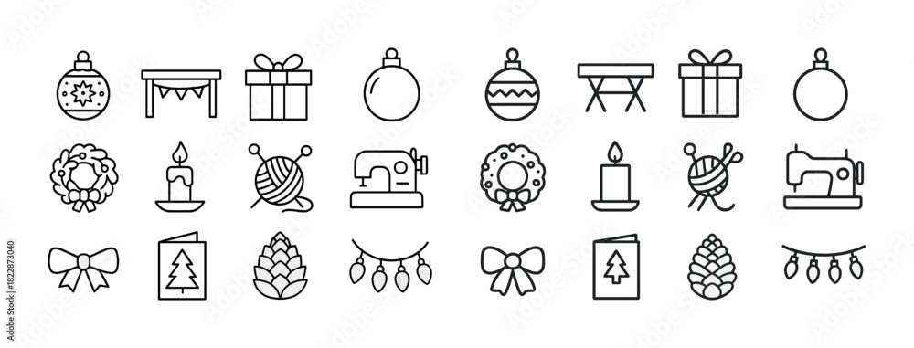 Obraz premium Christmas icon set: ornaments, gifts, wreaths, sewing, candles, cards