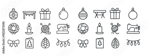 Christmas icon set: ornaments, gifts, wreaths, sewing, candles, cards