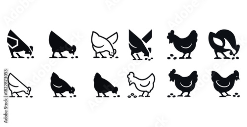 Silhouette icons of chickens feeding in various poses