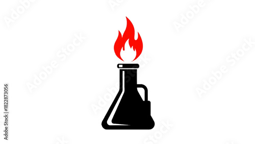 Vector illustration of black silhouette of a laboratory flask with a bright red flame burning from its opening, isolated on transparent background