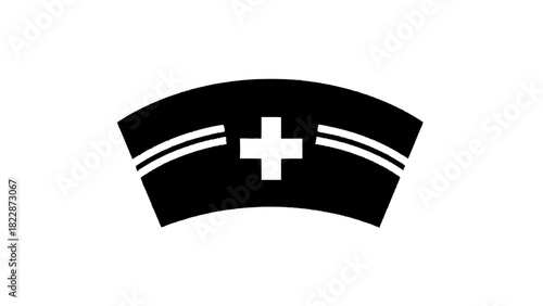 Vector illustration of black and white icon of a traditional nurse cap with a white cross symbol, isolated on transparent background