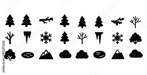 Nature icons collection: trees, snowflakes, mountains, clouds, and more