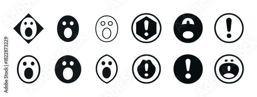 Set of exclamation mark and surprised face icons in various geometric shapes