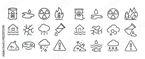 Environmental hazard icons: pollution, radiation, fire, flood, warning
