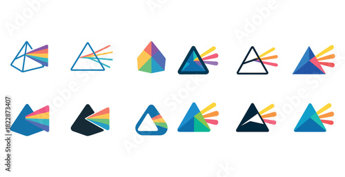 Colorful abstract geometric icon set with triangles and prisms