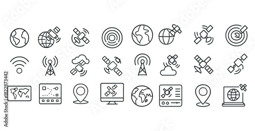 Satellite and communication icon set featuring global connectivity symbols