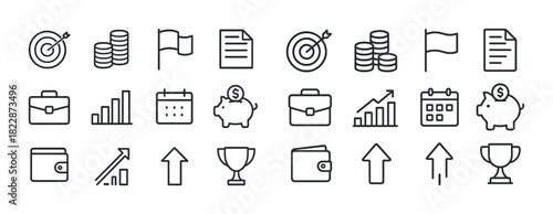 Business and finance icon set with graphs, wallets, and trophies