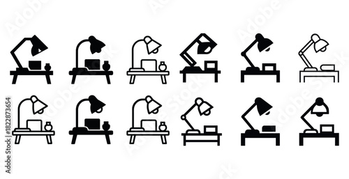 Minimalist table lamp and desk set designs in black and white icon collection