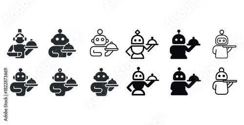 Robotic waiter icons collection for restaurant services