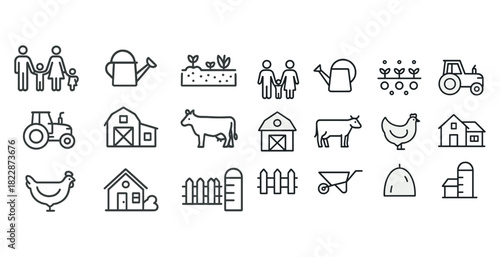Family and farm icon set: agriculture, animals, tools, and barns