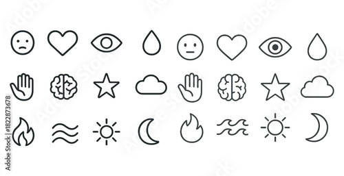 Set of simple minimalist icons: emotions, nature, and objects