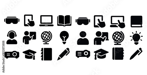 Education and technology icons: vr, digital learning, book, globe, lightbulb, headset