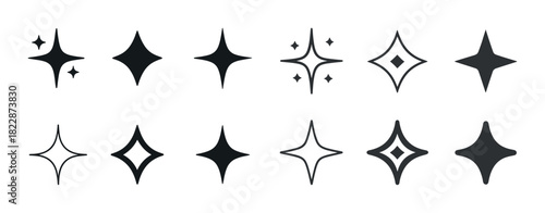 Set of black starburst sparkles and twinkle symbols on white background