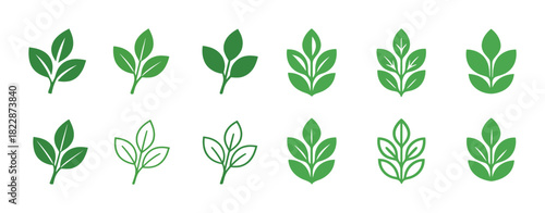 Collection of simple green leaf icons in various styles