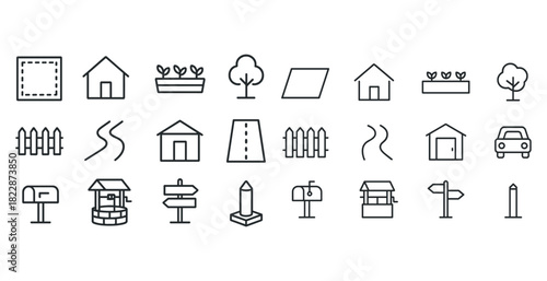 Simple line icons of buildings, nature, roads, fences, and directional signs