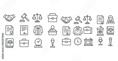 Law and justice icons set: scales, gavel, documents, microphone, briefcase