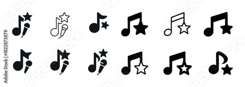 Music note and microphone icon collection with star accents in various styles