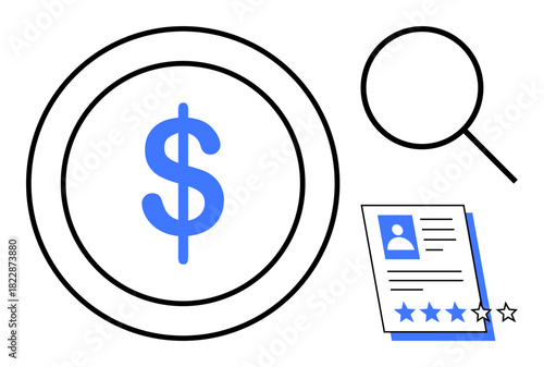 Dollar sign in circle, magnifying glass, and resume with star ratings representing cost analysis, hiring process, skills evaluation, and job application review. Ideal for business, finance